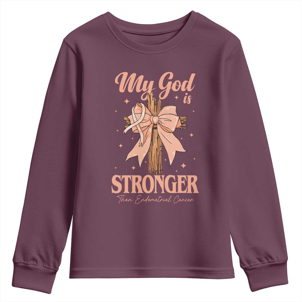 Endometrial Cancer Faith Peach Ribbon Youth Sweatshirt My God Is Stronger Than Endometrial Cancer