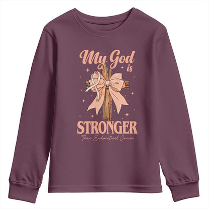 Endometrial Cancer Faith Peach Ribbon Youth Sweatshirt My God Is Stronger Than Endometrial Cancer