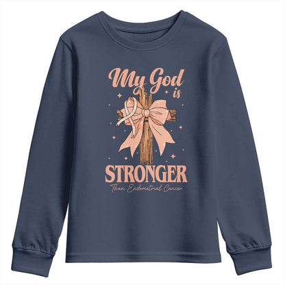 Endometrial Cancer Faith Peach Ribbon Youth Sweatshirt My God Is Stronger Than Endometrial Cancer