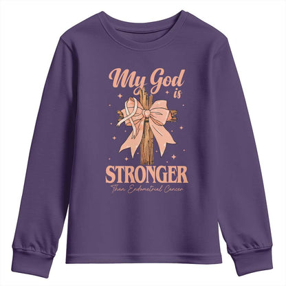 Endometrial Cancer Faith Peach Ribbon Youth Sweatshirt My God Is Stronger Than Endometrial Cancer