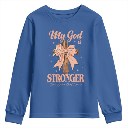 Endometrial Cancer Faith Peach Ribbon Youth Sweatshirt My God Is Stronger Than Endometrial Cancer