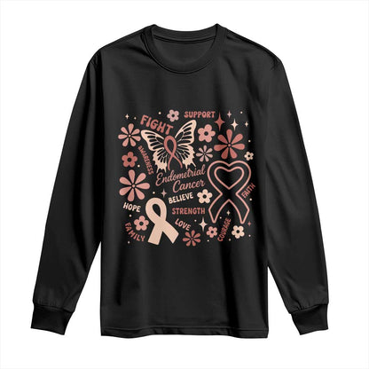 Endometrial Cancer Floral Butterfly Long Sleeve Shirt Believe Strength Faith
