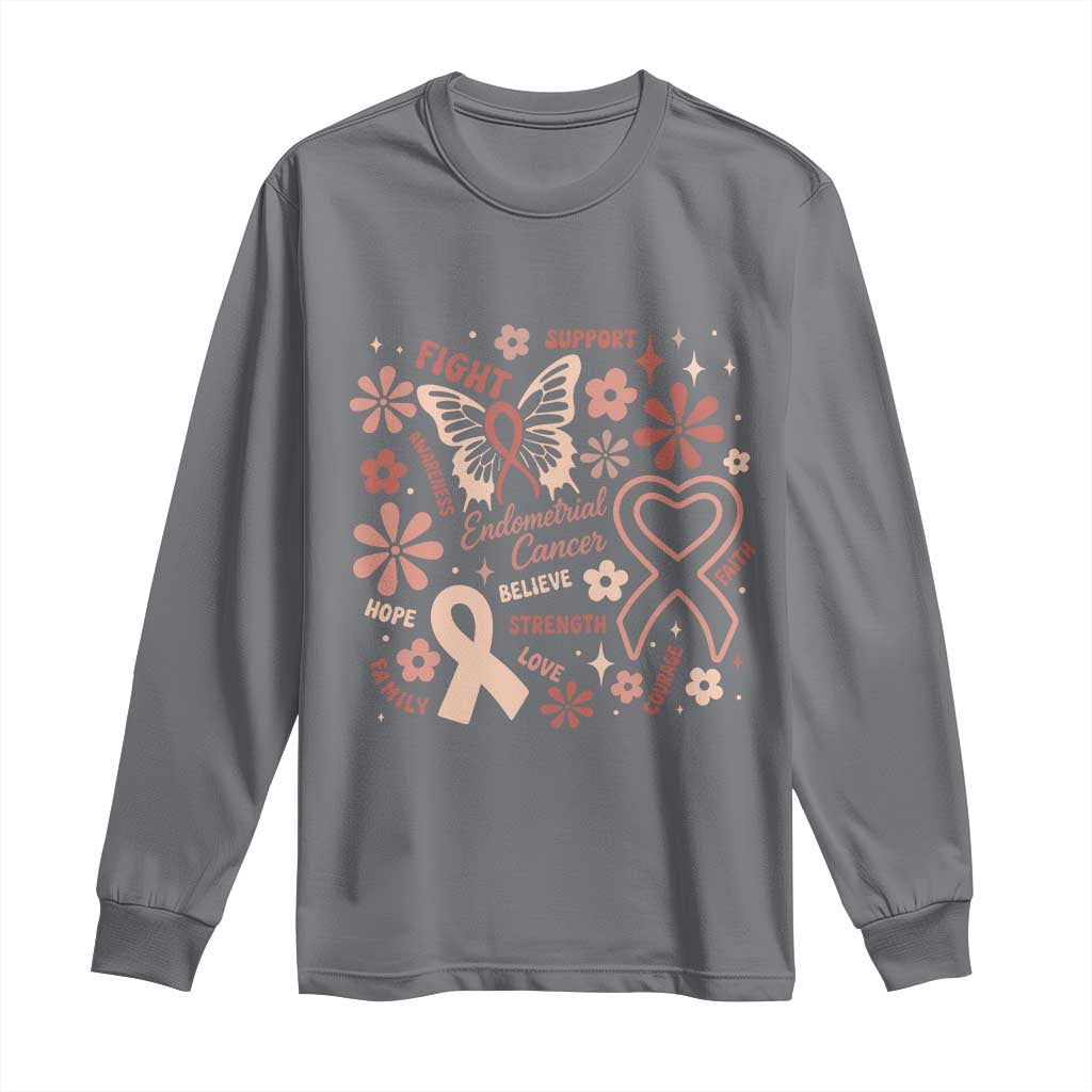 Endometrial Cancer Floral Butterfly Long Sleeve Shirt Believe Strength Faith