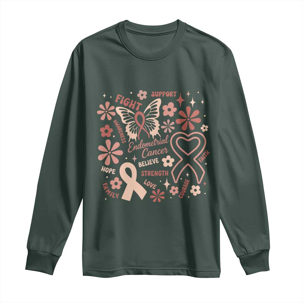 Endometrial Cancer Floral Butterfly Long Sleeve Shirt Believe Strength Faith