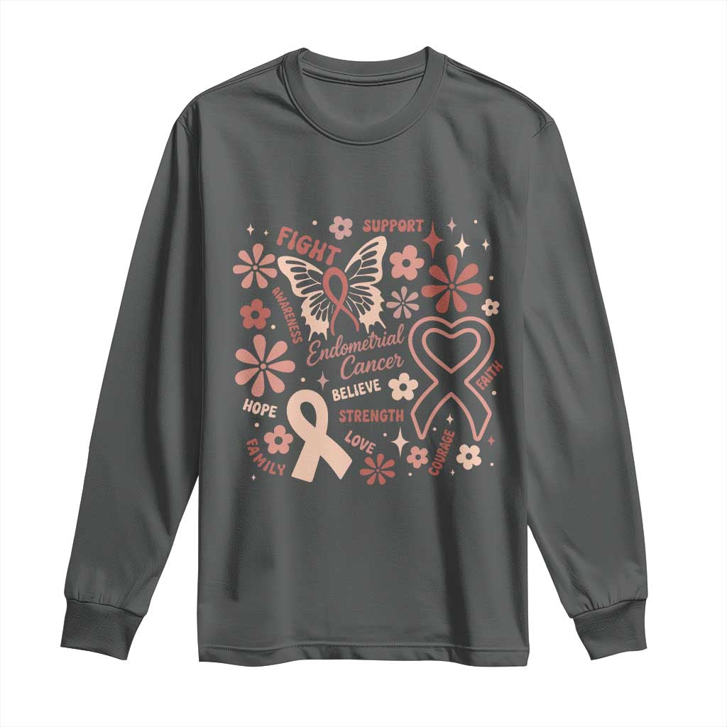 Endometrial Cancer Floral Butterfly Long Sleeve Shirt Believe Strength Faith