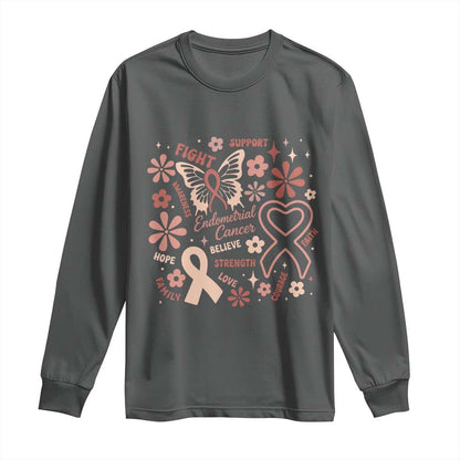 Endometrial Cancer Floral Butterfly Long Sleeve Shirt Believe Strength Faith
