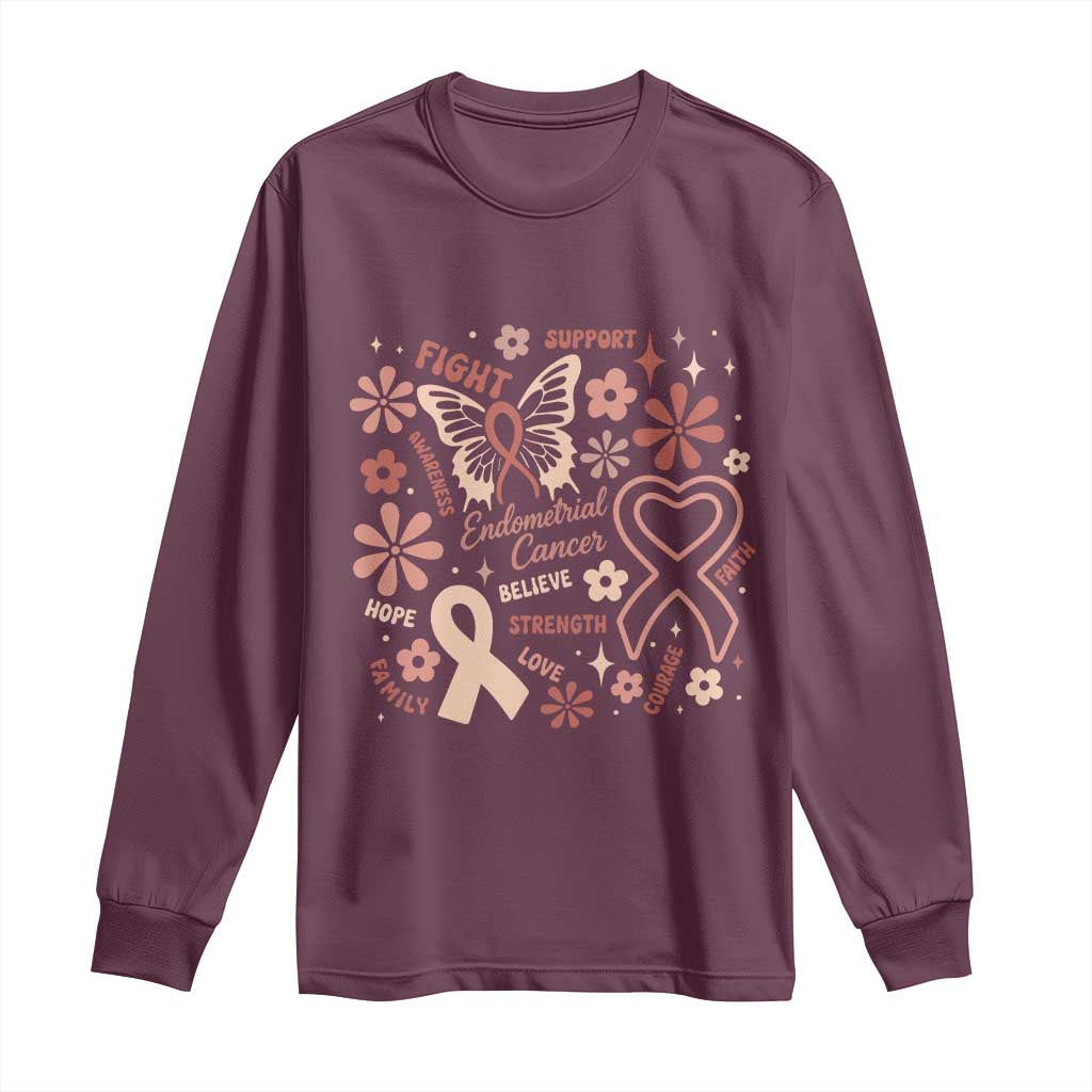 Endometrial Cancer Floral Butterfly Long Sleeve Shirt Believe Strength Faith