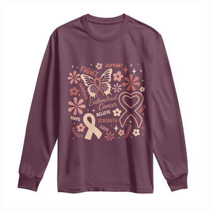 Endometrial Cancer Floral Butterfly Long Sleeve Shirt Believe Strength Faith