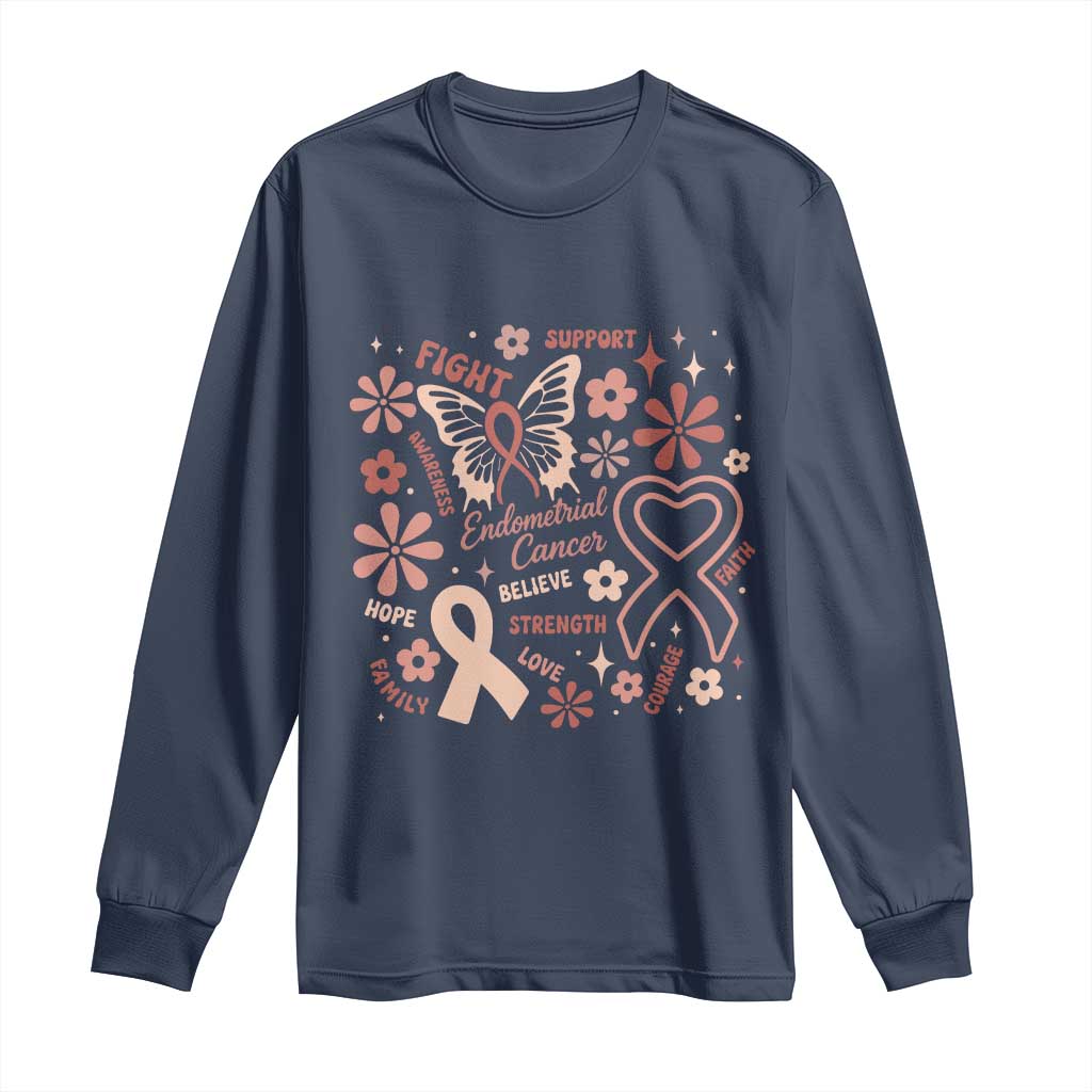 Endometrial Cancer Floral Butterfly Long Sleeve Shirt Believe Strength Faith