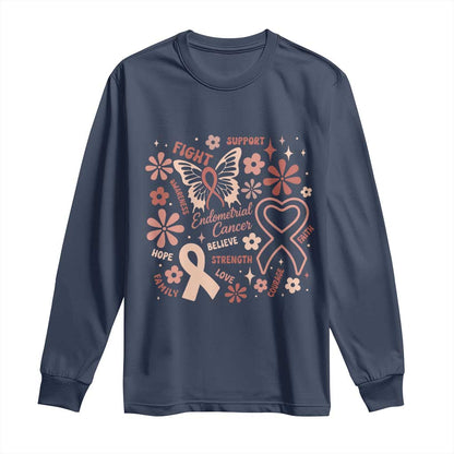Endometrial Cancer Floral Butterfly Long Sleeve Shirt Believe Strength Faith
