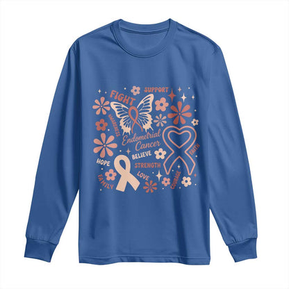 Endometrial Cancer Floral Butterfly Long Sleeve Shirt Believe Strength Faith