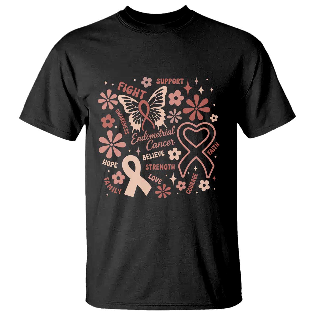 Endometrial Cancer Floral Butterfly T Shirt Believe Strength Faith