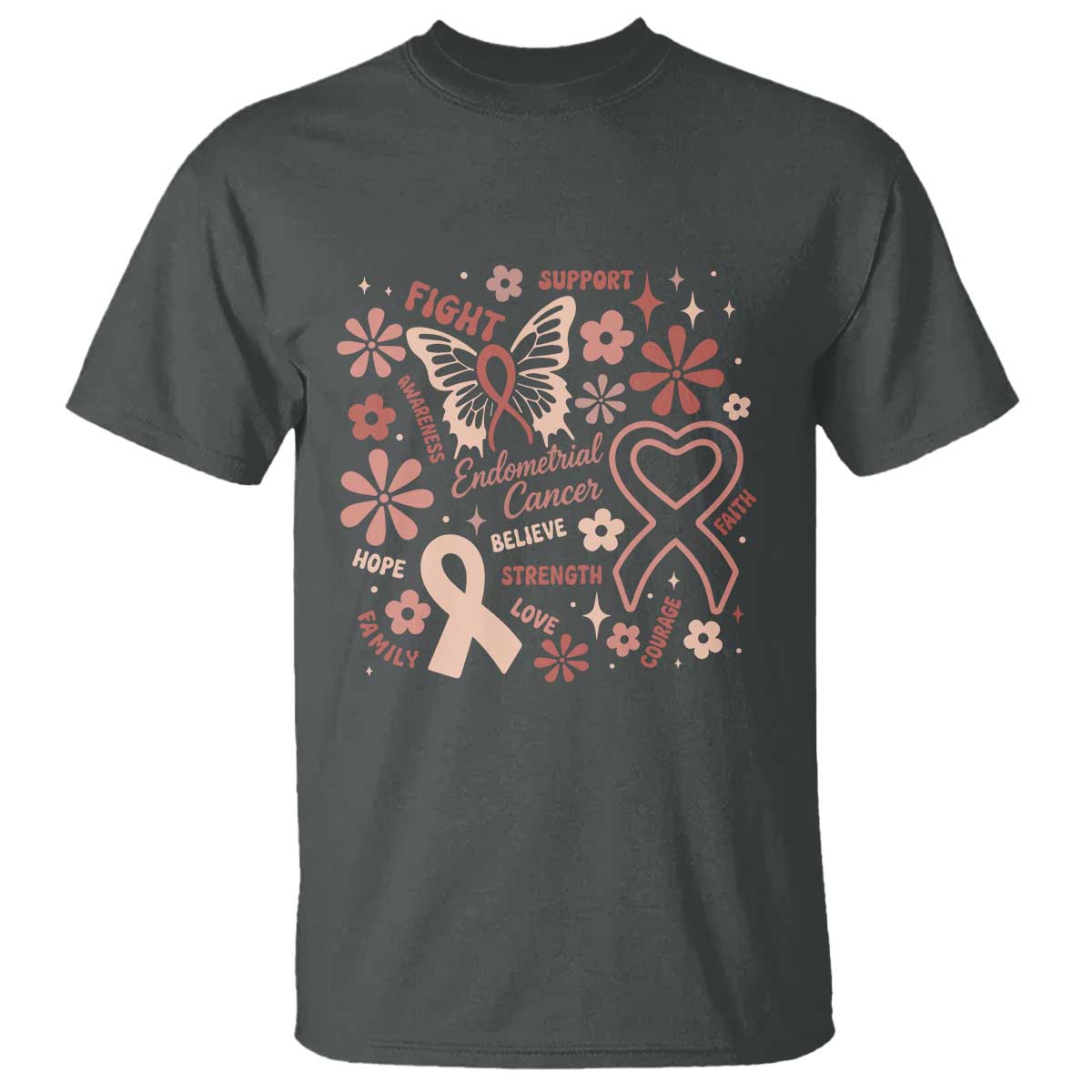 Endometrial Cancer Floral Butterfly T Shirt Believe Strength Faith