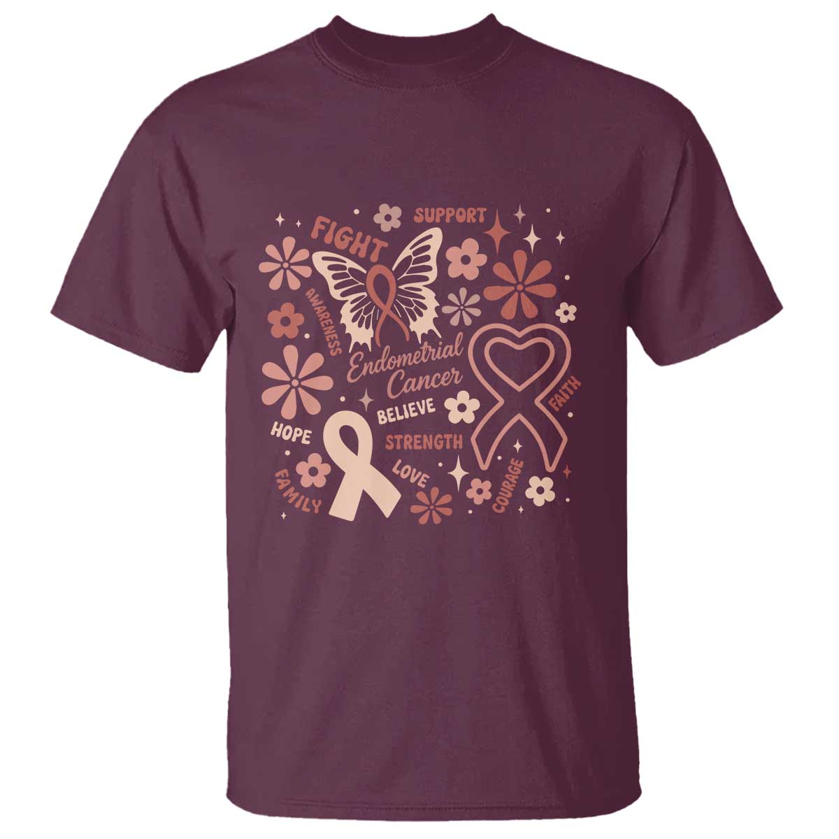 Endometrial Cancer Floral Butterfly T Shirt Believe Strength Faith
