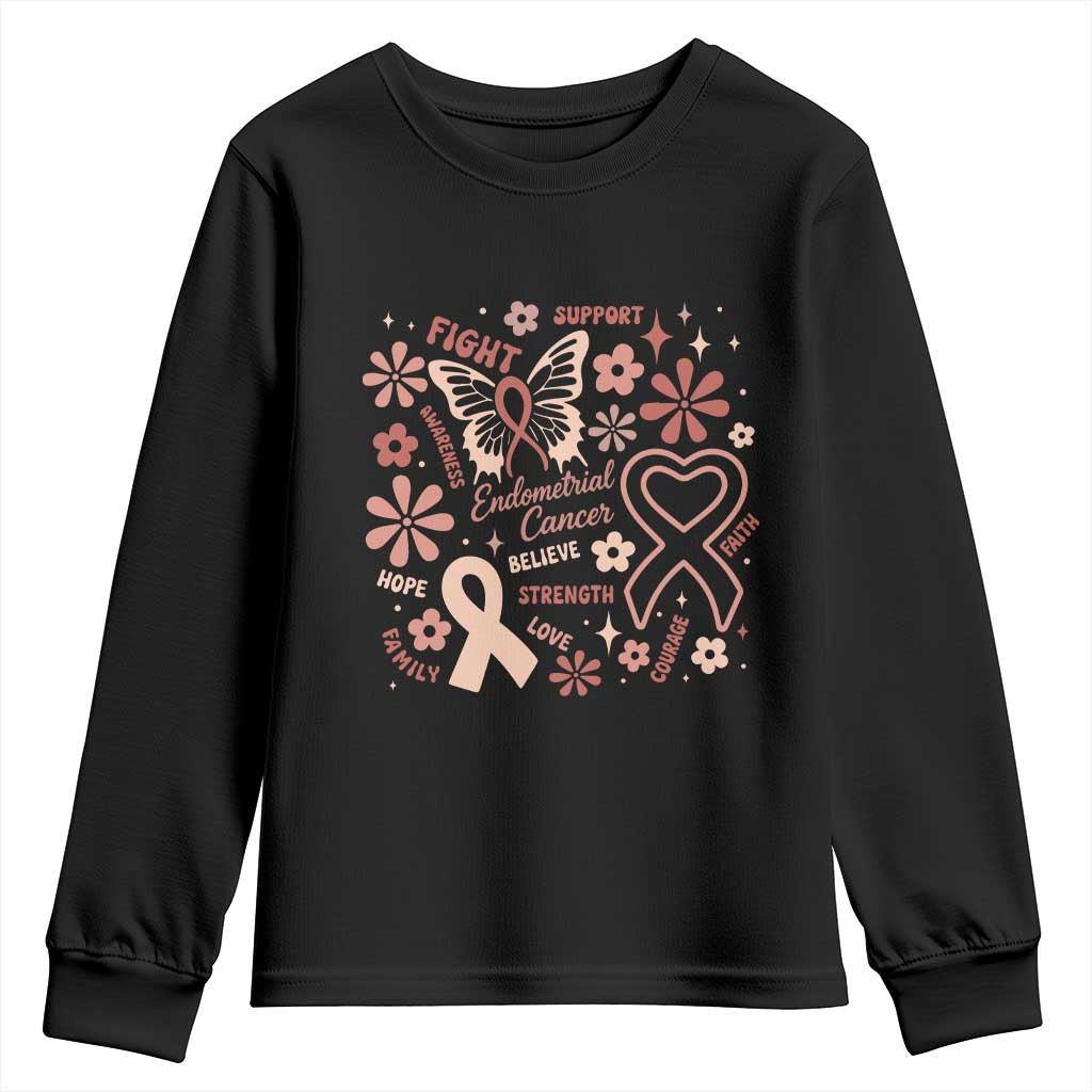 Endometrial Cancer Floral Butterfly Youth Sweatshirt Believe Strength Faith