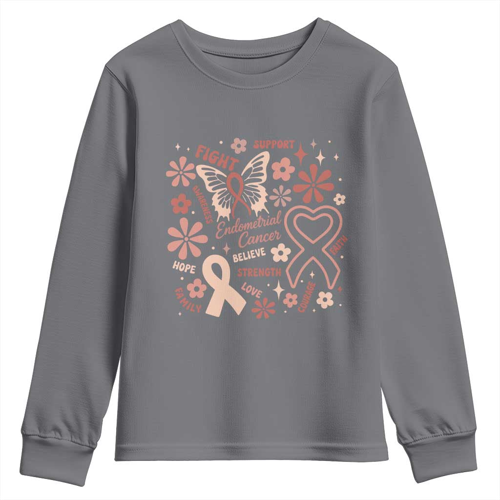 Endometrial Cancer Floral Butterfly Youth Sweatshirt Believe Strength Faith