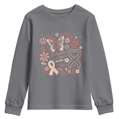 Endometrial Cancer Floral Butterfly Youth Sweatshirt Believe Strength Faith