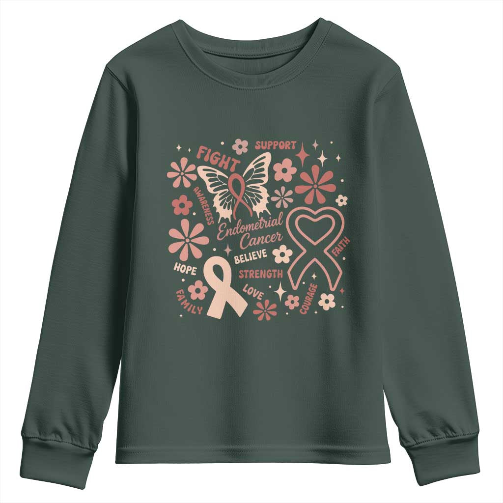 Endometrial Cancer Floral Butterfly Youth Sweatshirt Believe Strength Faith