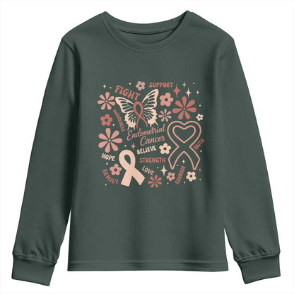 Endometrial Cancer Floral Butterfly Youth Sweatshirt Believe Strength Faith