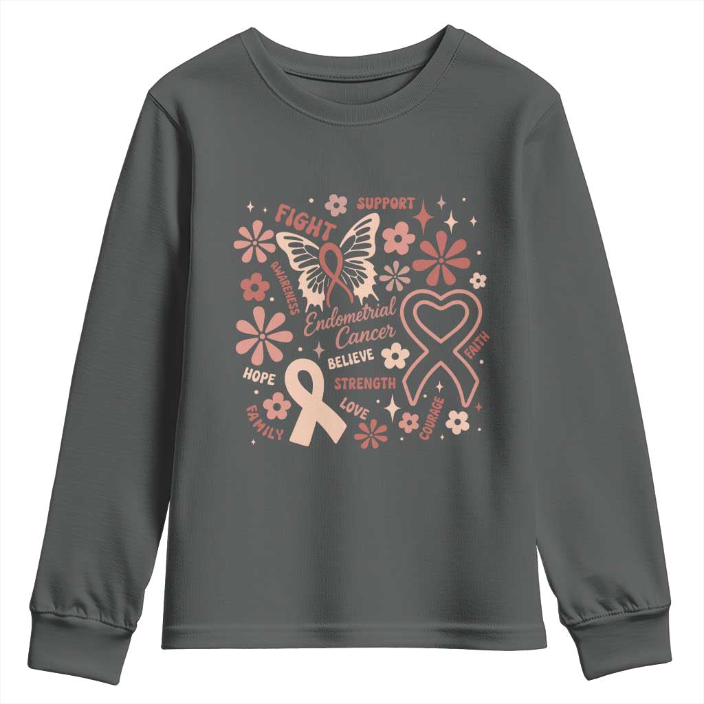 Endometrial Cancer Floral Butterfly Youth Sweatshirt Believe Strength Faith