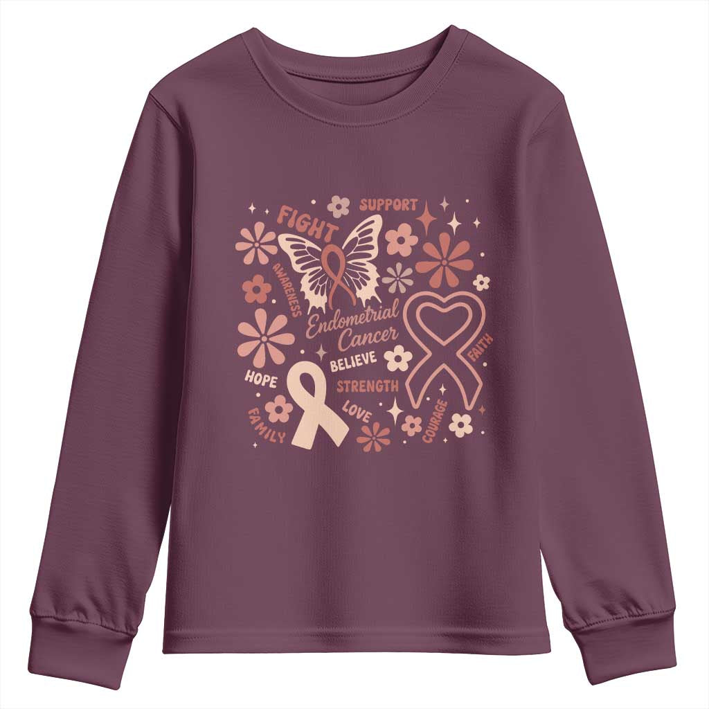 Endometrial Cancer Floral Butterfly Youth Sweatshirt Believe Strength Faith