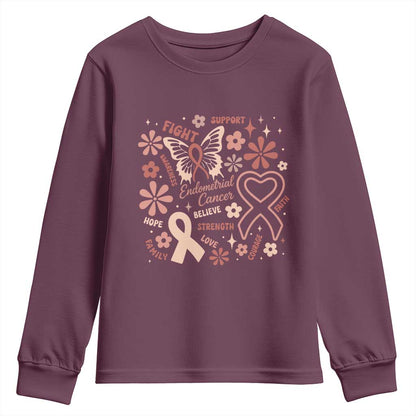 Endometrial Cancer Floral Butterfly Youth Sweatshirt Believe Strength Faith