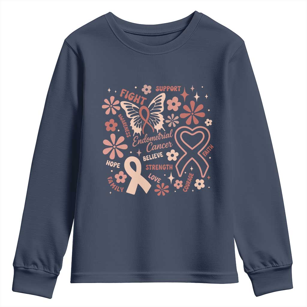Endometrial Cancer Floral Butterfly Youth Sweatshirt Believe Strength Faith
