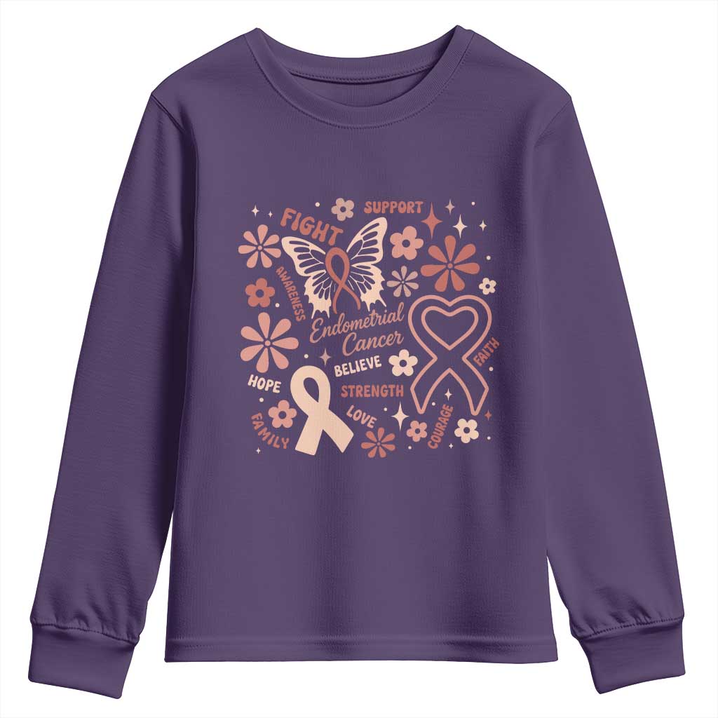 Endometrial Cancer Floral Butterfly Youth Sweatshirt Believe Strength Faith