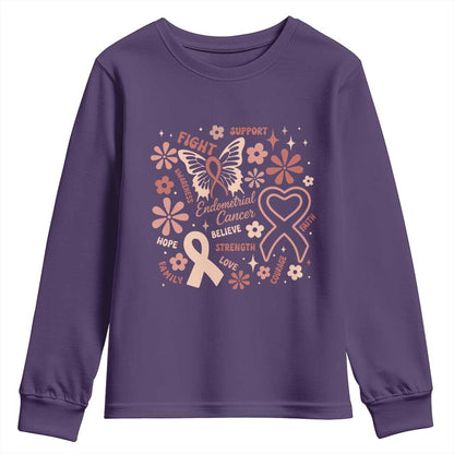 Endometrial Cancer Floral Butterfly Youth Sweatshirt Believe Strength Faith