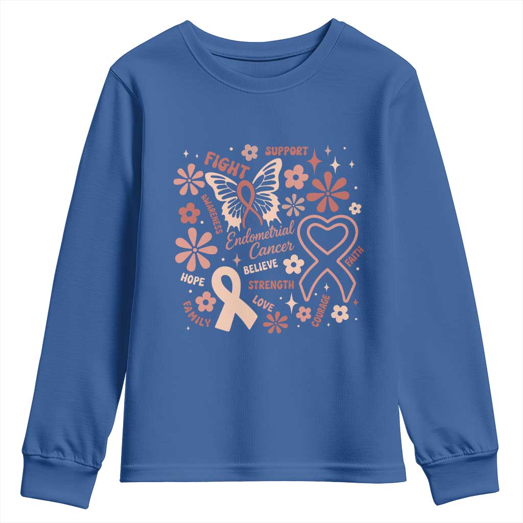 Endometrial Cancer Floral Butterfly Youth Sweatshirt Believe Strength Faith
