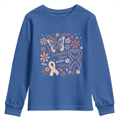 Endometrial Cancer Floral Butterfly Youth Sweatshirt Believe Strength Faith