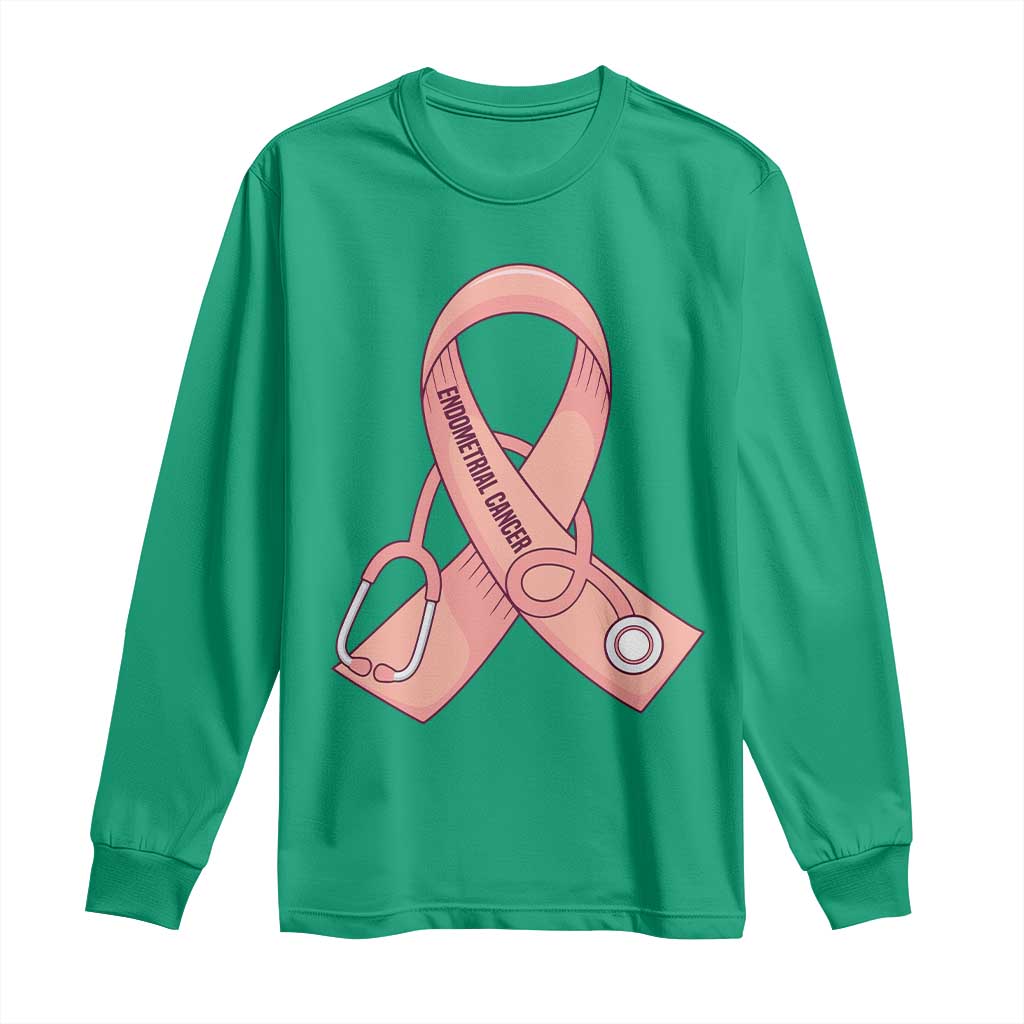 Endometrial Cancer Healthcare Warrior Long Sleeve Shirt Peach Stethoscope Nurse