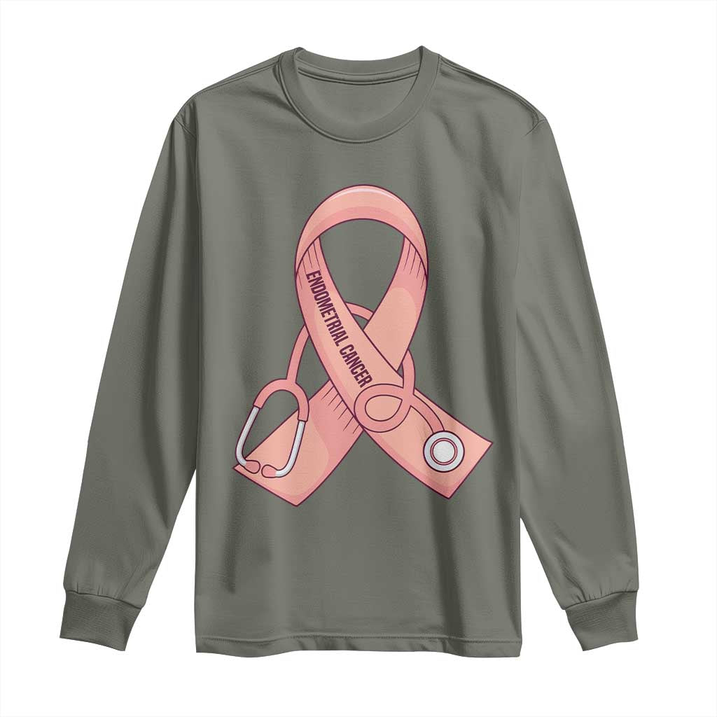 Endometrial Cancer Healthcare Warrior Long Sleeve Shirt Peach Stethoscope Nurse