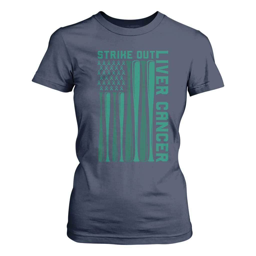 Strike Out Liver Cancer Baseball T Shirt For Women American Flag Support Gift