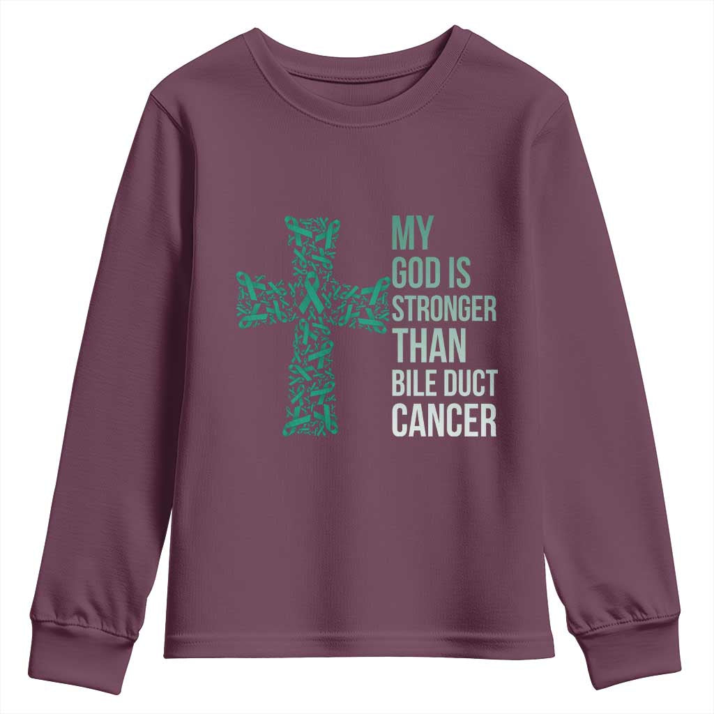 My God Is Stronger Than Bile Duct Cancer Youth Sweatshirt Faith Over Fear Support Gift