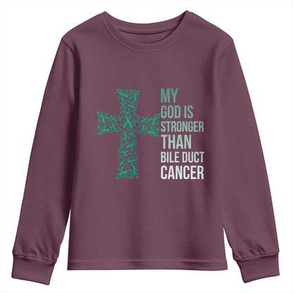 My God Is Stronger Than Bile Duct Cancer Youth Sweatshirt Faith Over Fear Support Gift