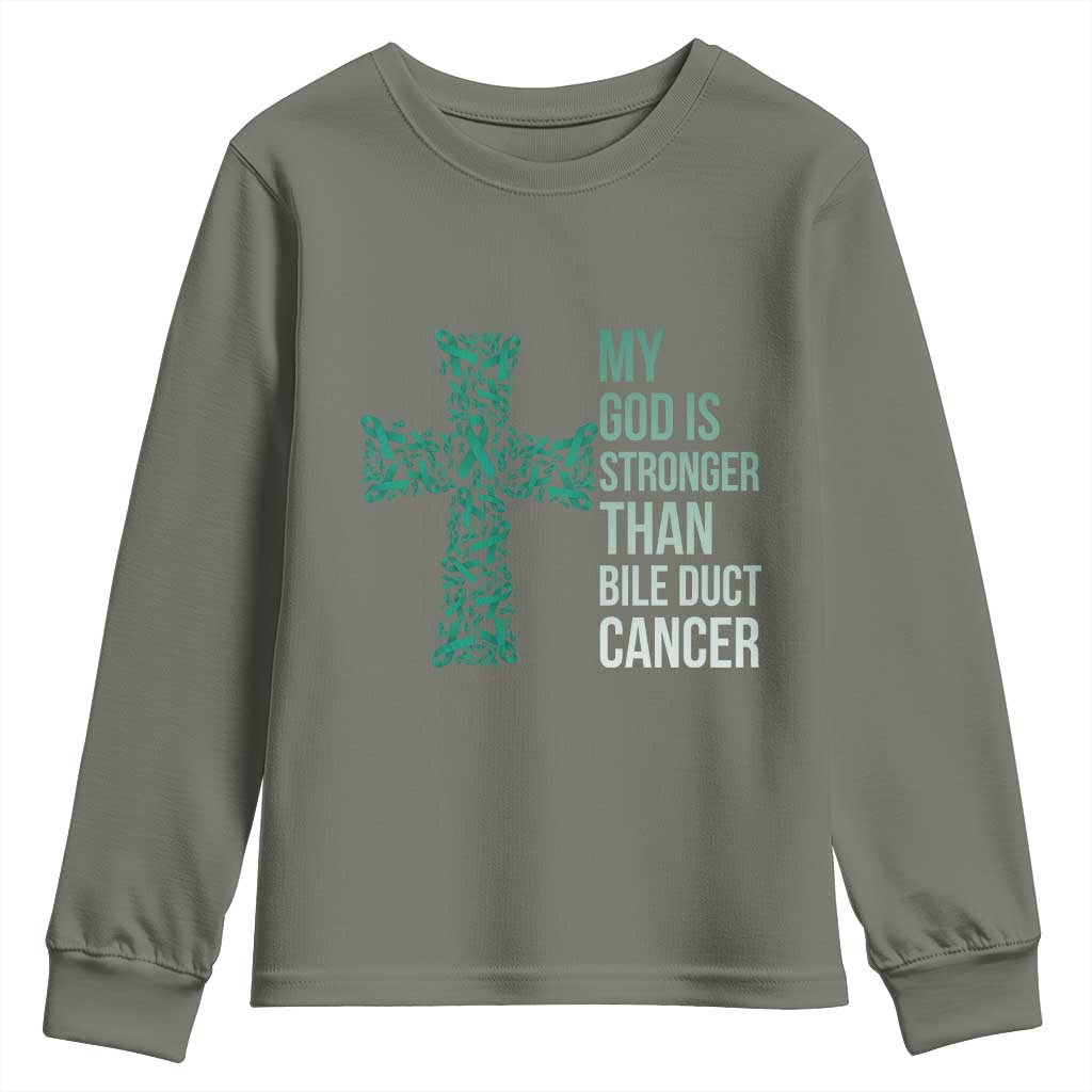My God Is Stronger Than Bile Duct Cancer Youth Sweatshirt Faith Over Fear Support Gift