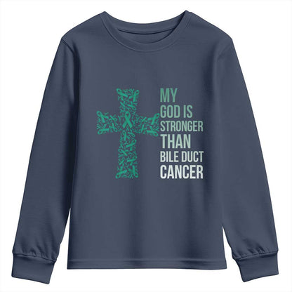 My God Is Stronger Than Bile Duct Cancer Youth Sweatshirt Faith Over Fear Support Gift
