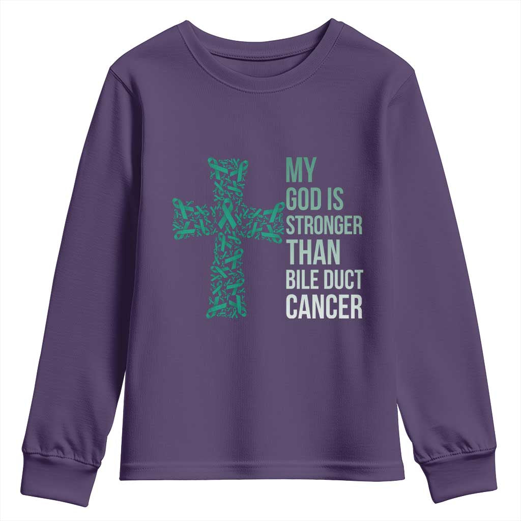 My God Is Stronger Than Bile Duct Cancer Youth Sweatshirt Faith Over Fear Support Gift
