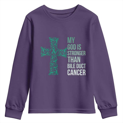 My God Is Stronger Than Bile Duct Cancer Youth Sweatshirt Faith Over Fear Support Gift