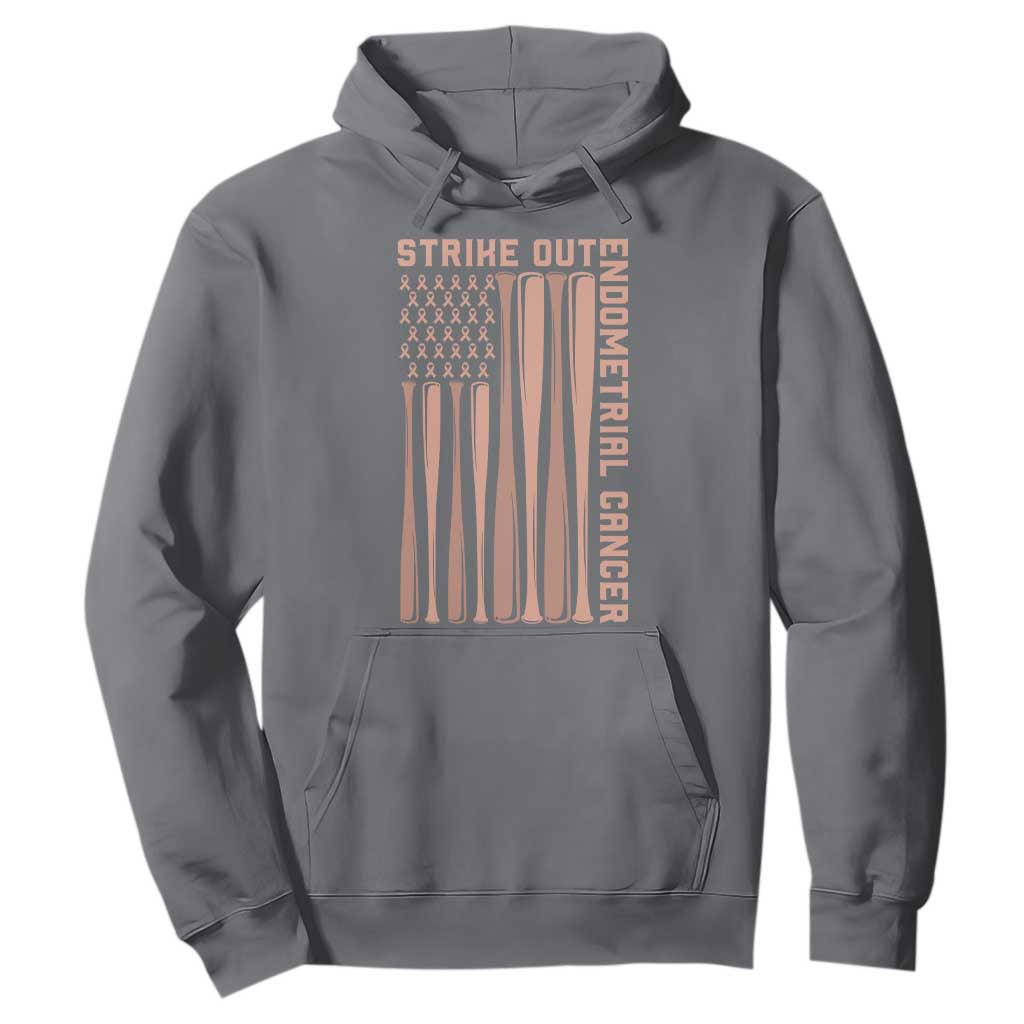 Strike Out Endometrial Cancer Baseball Hoodie Peach Ribbon American Flag Support Gift