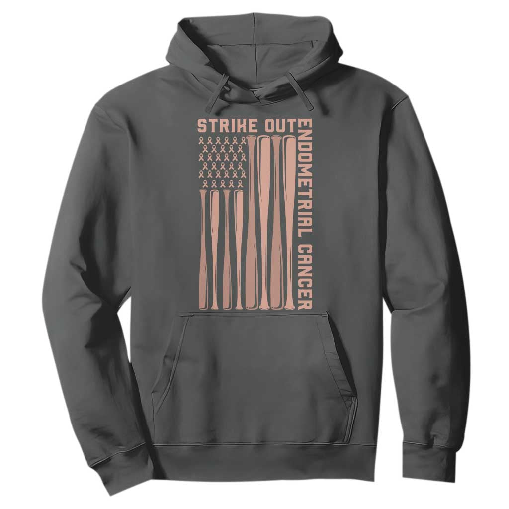 Strike Out Endometrial Cancer Baseball Hoodie Peach Ribbon American Flag Support Gift