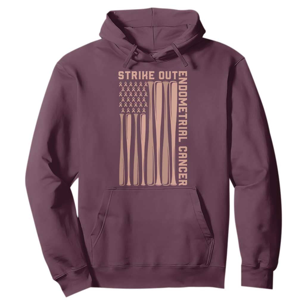 Strike Out Endometrial Cancer Baseball Hoodie Peach Ribbon American Flag Support Gift