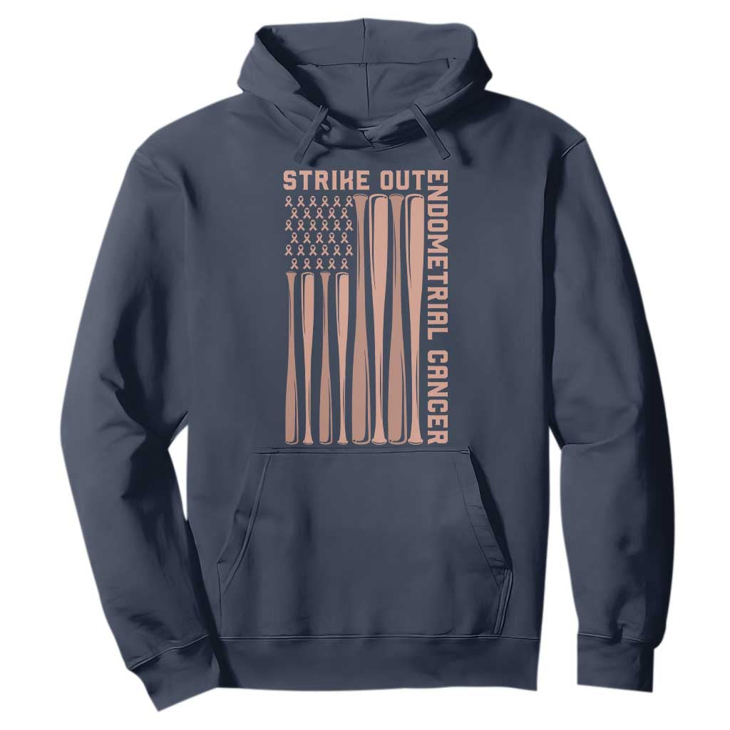Strike Out Endometrial Cancer Baseball Hoodie Peach Ribbon American Flag Support Gift