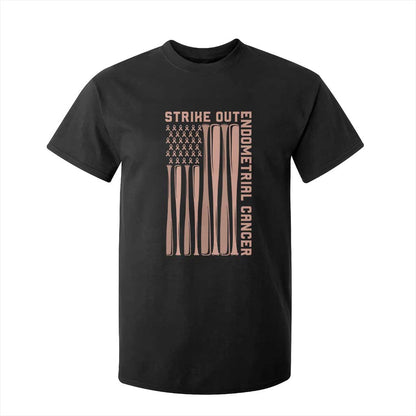 Strike Out Endometrial Cancer Baseball T Shirt For Kid Peach Ribbon American Flag Support Gift