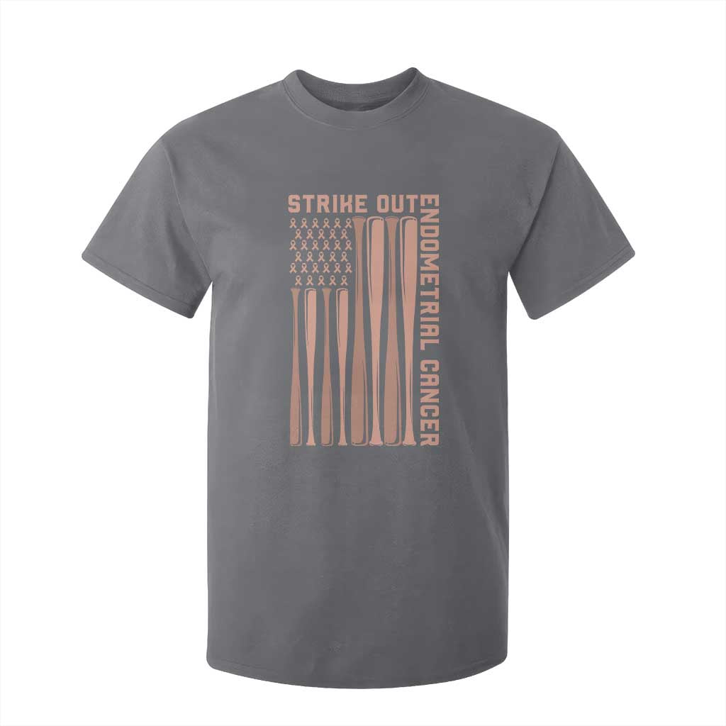 Strike Out Endometrial Cancer Baseball T Shirt For Kid Peach Ribbon American Flag Support Gift