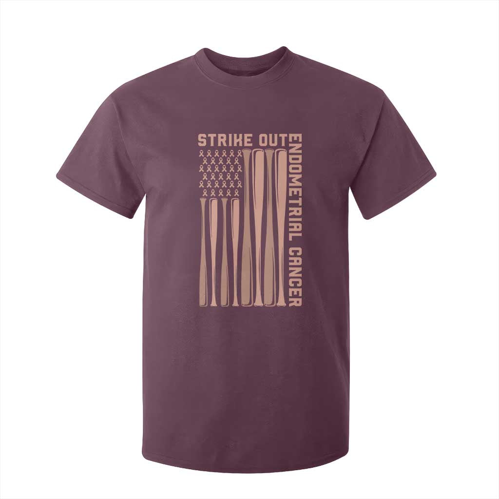 Strike Out Endometrial Cancer Baseball T Shirt For Kid Peach Ribbon American Flag Support Gift