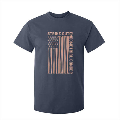 Strike Out Endometrial Cancer Baseball T Shirt For Kid Peach Ribbon American Flag Support Gift