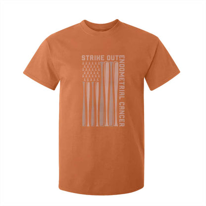Strike Out Endometrial Cancer Baseball T Shirt For Kid Peach Ribbon American Flag Support Gift