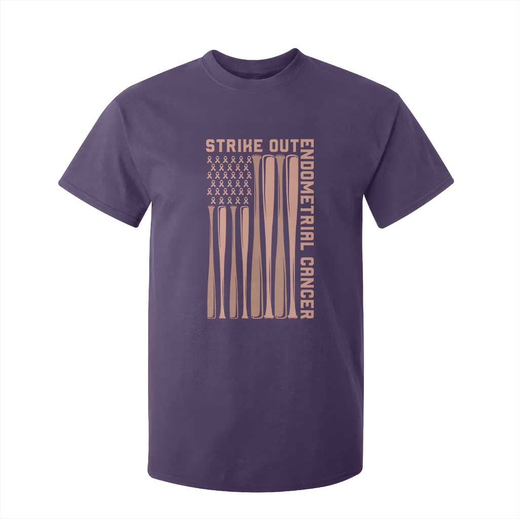 Strike Out Endometrial Cancer Baseball T Shirt For Kid Peach Ribbon American Flag Support Gift